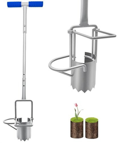 Updated Bulb Planter Long Handle for Digging, 5-in-1 Lawn and Garden Tool,sod Plugger Tool,Weeding,Soil Sampler, Transplanting,Sod Plugger Bulb Transplanting （Height Adjustable ）