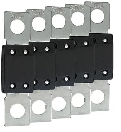 Offgridtec 200A MEGA Sicherung Set für 48V DC Systeme, Hochstrom-Streifen-Sicherungen mit Kupferanschlüssen, Niedrigkontaktwiderstand, Funken-Schutz, Schraubbefestigung, RoHS & UL zertifiziert, 5-Pack