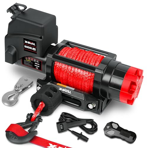 X-BULL Seilwinde, 12 V, 2721,6 kg, Bootsanhänger, Seilwinde mit Fernbedienung, synthetisches Seil, 6,35 mm x 16,8 m, Haken, kabelloser Lenkerschalter, automatische Bremse, wasserdicht, für ATV, UTV,