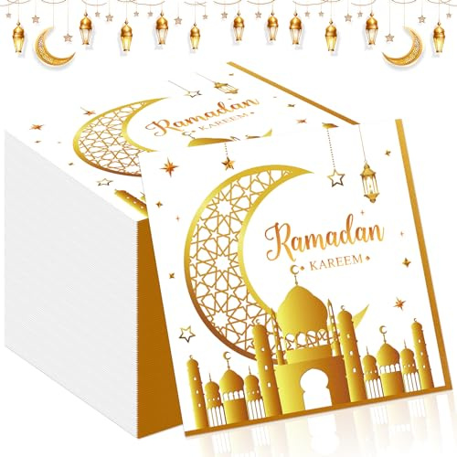 TOPJOWGA 100 Pièces Serviettes en Papier Eid Mubarak, Ramadan Decoration de Table pour Fête (A)