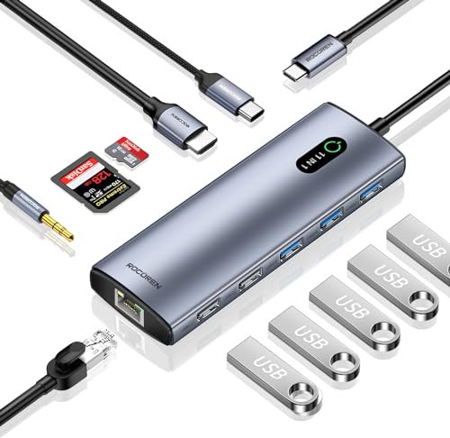 Rocoren Station d'accueil USB C, Adaptateur multiport 11 en 1 pour Ordinateur Portable avec 4K-HDMI, Port USB 3.0, Type C PD 100 W, Ethernet RJ45, Lecteur de Carte SD/TF, AUX 3,5 mm pour MacBook Pro/