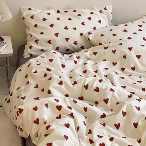 AShanlan Bettwäsche 135x200 4teilig Rot Herzen Bettbezug Kissenbezug 80x80 | ÖkoTex Bettwäsche-Sets, 110gsm Microfaser, Rot Weiß Herzchen Bettwäsche mit Reißverschluss, 4teilig