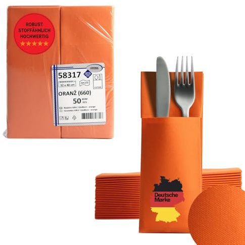 AROBA 50x Airlaid Besteckservietten (Orange, 32x40 cm) - Hochwertige Serviettentaschen - Fertig gefaltete Bestecktaschen - Stoffähnliche Airlaidservietten