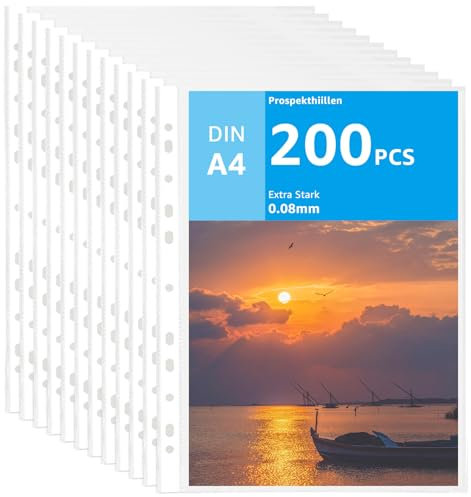 APACALI 200 Stück Klarsichthüllen A4, 0.08mm Prospekthüllen A4 mit Lochung, Extra Stark Klarsichtfolien A4, Oben Offen Klarsichthüllen A4 glasklar, Sicht-Hüllen Plastikhülle für A4 Ordner Dokumente