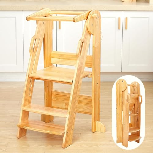 FUNLIO Torre Montessoriana Pieghevole da 2 a 6 Anni, Altezza regolabile su 3 livelli Torre Montessoriana Bambini, sedia montessoriana bambini, Facile da Montare, Approvata CE - Natura