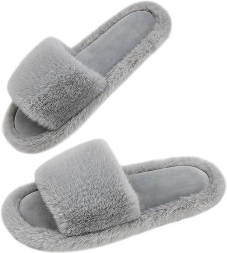 7STROBBS Ladies Fluffy Slippers, Wide Fit Women Open Toe Memory Foam Slipper, Anti Slip Indoor Cosy Warm House Slippers Grey UK 5-6