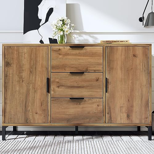 Rustikaler Sideboard Schrank aus dunkler Eiche für Wohnzimmer und Schlafzimmer, mit 2 Türen, 3 Schubladen und verstellbarem Einlegeboden, 40 x 120 x 76 cm