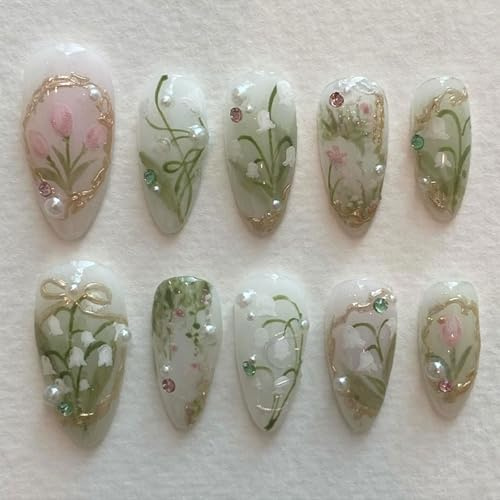 Yamobi 24 Stück Press on Nails Almond, Almond Bunt Airbrush mit 3D Perlen und Rosa Blumen,Künstliche Fingernägel,Soft Gel Press on Nails für Frauen
