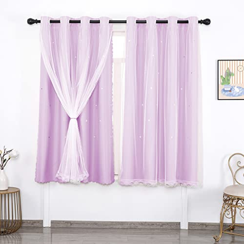 Sternenvorhang, Kindervorhänge für Mädchen, Schlafzimmer, Wohnzimmer, Verdunkelungsvorhang, doppellagig, Sternausschnitt, Ösen, Fenstervorhänge, 1 Panel, Lila, 167,6 x 182,9 cm