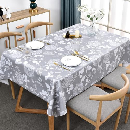 Plenmor Wachstuchtischdecke PVC Tischdecke Plastik, Tischdecke Outdoor eckig Table Cloth Waterproof Abwischbare Tischtuch Dining Table Cover (Grau Blumen, 215 x 137 cm)