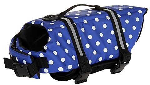 Hundeschwimmweste, verstellbar, Sicherheits-Schwimmweste, Haustier-Rettungsweste mit Griff for Schwimmen, Surfen, Bootfahren for kleine Hunde, Welpen und große Hunde (M, Grün)(Blue dot,XXS)