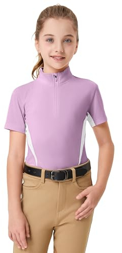 FitsT4 Sports Girls Short Sleeve Equestrian Shirt Quick Dry Horse Riding Shirts Half Zip Horseback Show Shirt Summer Athletic Tops Purple Medium