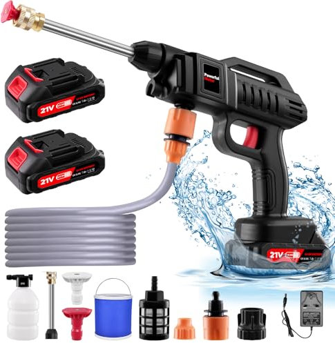Worshow Cordless Pressure Washer | 21V 1500W Portable High Pressure Washers Cleaner Kit with 2 Battery, 2 Nozzles, 5M Hose, Bucket, 60Bar/870 PSI Jet Wash Gun for Car/Floor/Garden Cleaning & Watering