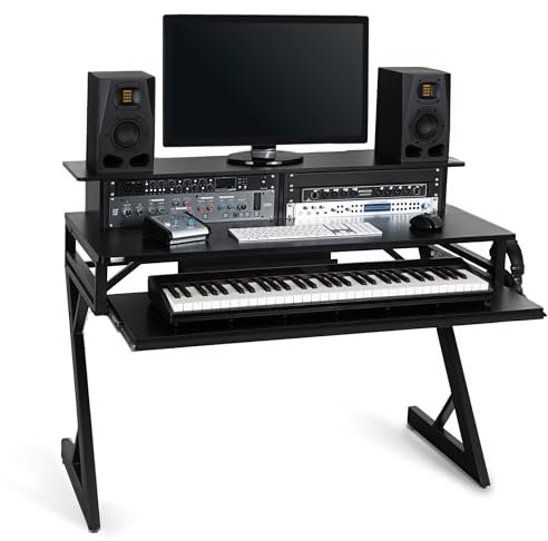 Stagecaptain ST-120 Table Studio avec Rack 19, tiroir Clavier, Gestion câbles, Support Casque, Grande Surface - pour Home Studio, DJ & Enregistrement - Noir/Bois.