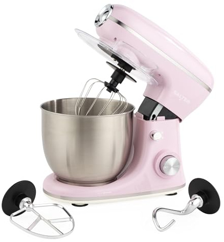 Salter Retro Stand Mixer – 5L Electric Food Kitchen Mixer, Stainless Steel Removable Mixing Bowl, Accessories Included, Dough Hook, Wire Whisk, Beater, 8 Speed Settings & Pulse Function, 1300W, Pink