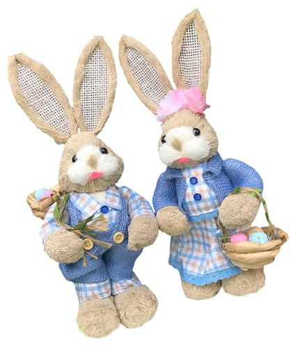Kelisdi Confezione da 2 ornamenti pasquali in paglia a forma di animali intrecciati, sculture per la casa e il giardino, ornamenti in paglia