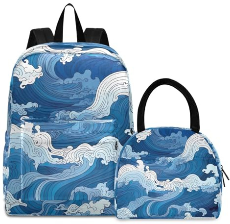 RPLIFE Bookbag - Juego de lonchera con espirales azules y blancos, mochila de camping impermeable, juego de mochilas para niñas