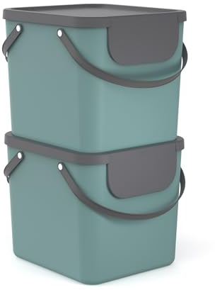 Rotho Albula Mülleimer Küche 2 Fächer 2 x 40 L stapelbar Grün/Anthrazit | Mülleimer Bad, Papierkorb mit Deckel, Badezimmer Mülleimer, Abfalleimer Küche, Mülleimer Büro, Mülleimer mit Deckel