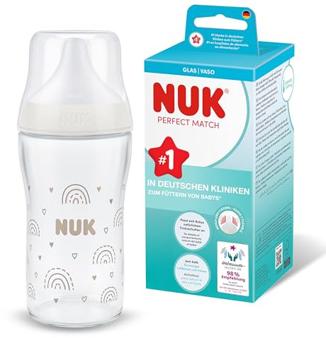NUK Perfect Match Biberon | 3+ mois | 230 ml | Biberon anti-coliques | Verre | Indicateur de contrôle de température | Arc-en-ciel | Lot de 1