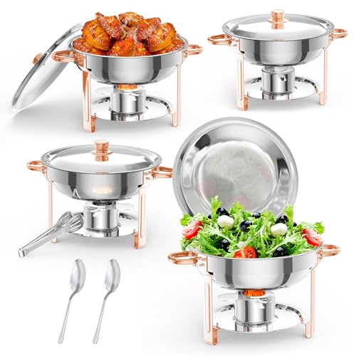 4-pack chafing dish för bufféer, rostfritt stål matvärmare med sked och tång, 5 l rund chafing dish bufféset med lockhållare och lock, för fester, bröllop, evenemang, roséguld