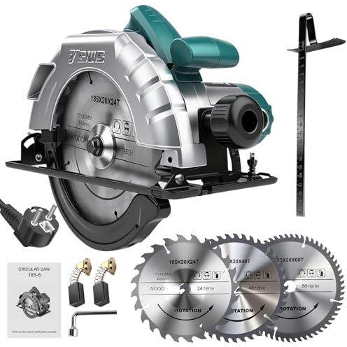 Telituny 1200W Elektro Handkreissäge, 185mm Kleine Kreissäge mit 3 Sägeblättern, Schnitttiefe 60 mm (90°) - 45 mm (45°), 5000 U/min, Variable Geschwindigkeit für Holz, Weichmetall, Plastik, PVC