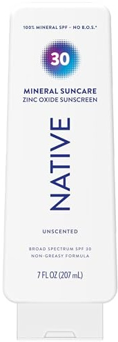 Native Mineral Sunscreen Lotion SPF 30, Unscented, with 100% Mineral Zinc Oxide for Face & Body, Hawaii Compliant, Vegan, No White Cast - 7 oz