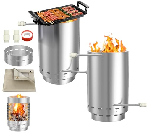 LZQ Edelstahl Feuertonne Poolheizung mit Heizspirale, Ø32/38mm Anschlüsse Brennholz Pool Heizung, inkl. Feuerfeste Matte & Restasche Auffangwanne, Outdoor Poolofen für Schwimmbäder, Silber B, 2 Stück