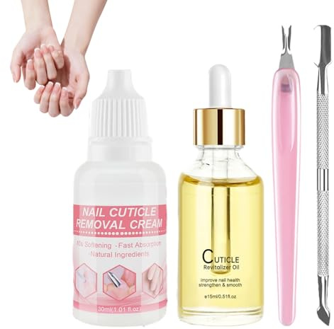 Cuticle Care Kit,Cuticle Oil & Remover with Nail Pusher & U-Shaped Fork,Nail Strengthener for Damaged Weak Nails,Promotes Nails Growth,Repair Cream & Strengthening Polish Set for Home Use
