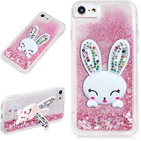 LCHDA für iPhone 7 8 Glitzer Flüssig Hülle Rosa Mit Hasen Ohren handyhüllen Flüssigkeit Wasserfall Farbverlauf Sternen Süß 3D Karikatur Hase Stand Transparent Silikon Bumper Schutzhülle