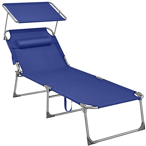 SONGMICS Bain de Soleil Grand, Chaise Longue Pliable, Transat, 200 x 71 x 38 cm, Capacité de Charge 150 kg, avec Pare-soleil et Dossier Inclinable, pour Jardin, Piscine, Terrasse, Bleu Foncé GCB22BUV2