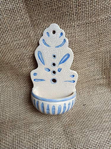 Acquasantiera in ceramica cracklè bianca e celeste robbia