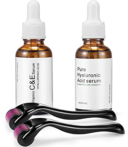 4 in 1 Derma Roller Microneedling Kit for 2 Pack(0.5mm/1.5mm) + Hyaluronic Acid Serum + Vitamin C Facial Serum - 540 Titanium Microneedle