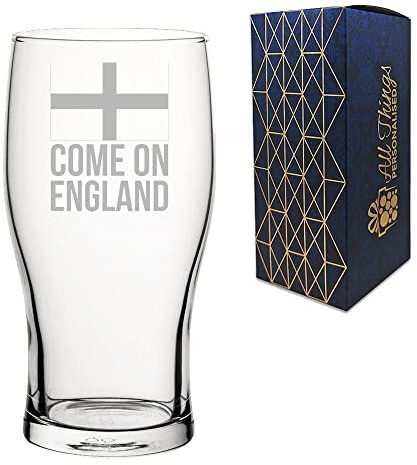 All Things Personalised Engraved Football Pint Glass, Come On England Flag Design with Gift Box, Euro Football Soccer Rugby Sport Championship
