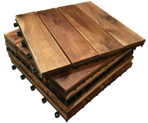 CLICK-DECK 4 Slat Hardwood Decking Tiles | Patio, Balcony, Concrete, Hot Tub Deck Tiles | 30x30cm Square Connect Flooring | Easy Installation | Great Drainage (18x Hardwood Tiles)