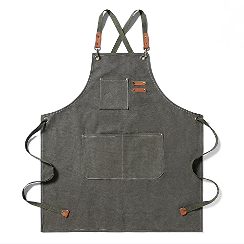 EWIZ Schürze aus Baumwollleinen, verstellbare Träger mit drei Taschen, für Männer und Frauen, Koch, Künstler, Bäcker, Barista, Barkeeper