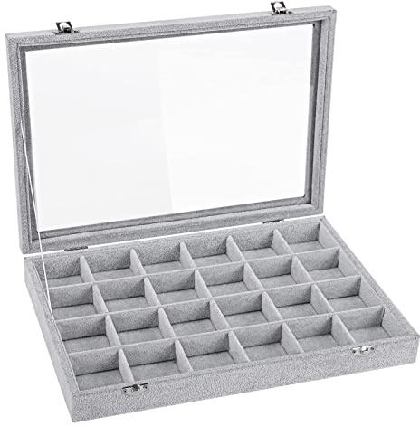 Emibele Organizador de Joyería de Franela para Joyas, Herramienta de Almacenamiento con 24 Compartimentos con Tapa y Cerradura, para Collares Anillos Pendientes Tachuelas Pulseras, Gris