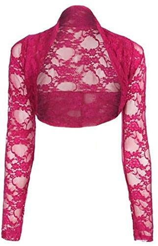 FAIRY TRENDZ Womens Cropped Floral Lace Bolero Shrug Ladies Long Sleeve Open Cardigan Crop Top Fuchsia
