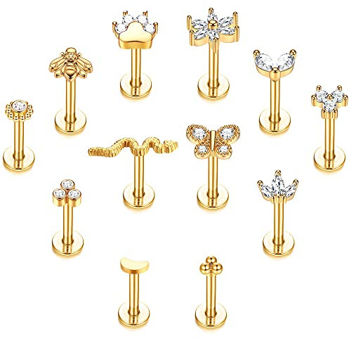 YADOCA 12 Stück Edelstahl Lippenpiercing Stud Labret Piercing für Damen Herren 16G Blume Biene Schmetterling Schlange Labret Ohrstecker Knorpel Helix Tragus Ohrringe Lippe Piercing