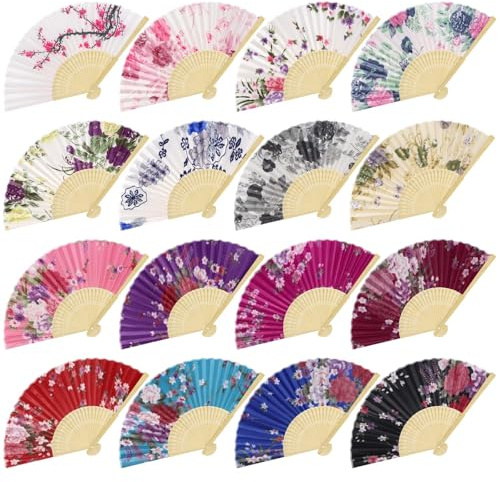Aodaer 16 Pack Floral Folding Fans Silk Fabric Handheld Fans Vintage Folding Fans for Wedding Dancing Party Favors