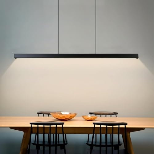 Moderna lampada a sospensione LED nera lineare lunga, illuminazione a sospensione dimmerabile con telecomando 3000K-6000K, lampadario regolabile altezza per sala da pranzo, cucina, soggiorno (120cm)