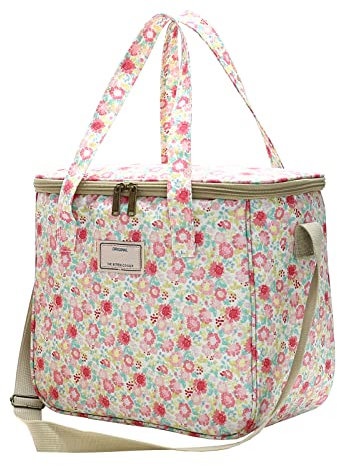 Nanxson Isolierte Lunchtasche Große Wiederverwendbare Kühltasche Wasserdichte Picknicktasche mit Blumenmuster und Verstellbarem Schultergurt (11.25L,A-Rosa)