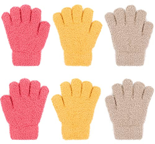QKURT 3 Pairs Toddler Warm Knitted Gloves, Kids Thermal Magic Gloves Elastic Full Finger Boys Girls Mittens Thicken Lined Fleece Mittens for Daily Warmth
