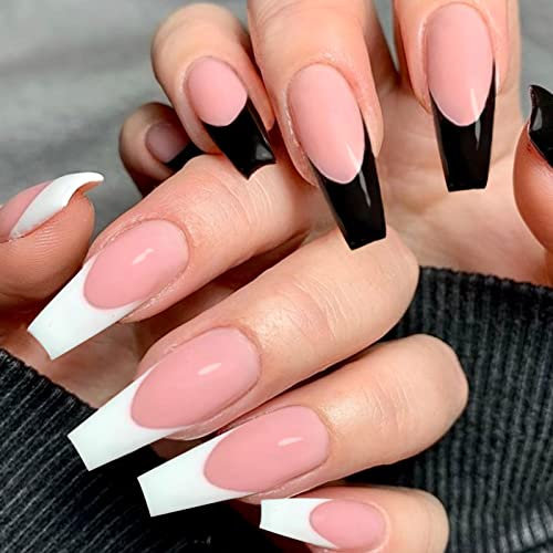 MELLIEX 48 Stück Fingernägel Zum Aufkleben Lang, French Künstliche Nägel Ballerina Press on Nails Coffin Falsche Nägel Tips mit Nagelkleber DIY Nagelkunst für Frauen