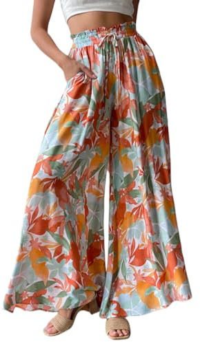 YOCUR Women Flowy Palazzo Pants Summer Beach Wide Leg Pants Orange M