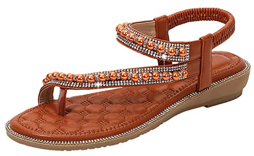 rismart Sandalen Damen Sommer Zehenring Schlüpfen Flach Elegant Lässig Sommerschuhe mit Senkfußstütze Braun,41