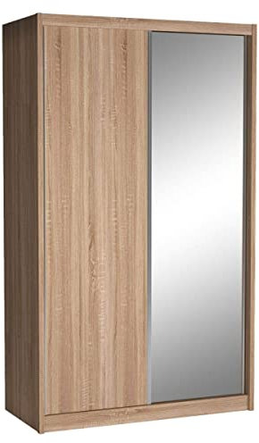 MINIO go for it - Schiebetürenschrank mit Spiegel Coral I 67x143x240 cm I Kleiderschrank I Geräumig und Modern I Schubladen und Regalen I Laminierte Möbelplatte I Eiche Sonoma