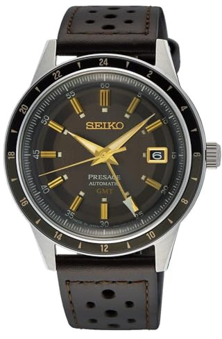 Seiko Presage Style 60's GMT SSK009J Herren-Armbanduhr, Edelstahl, Braun/Grün, modern