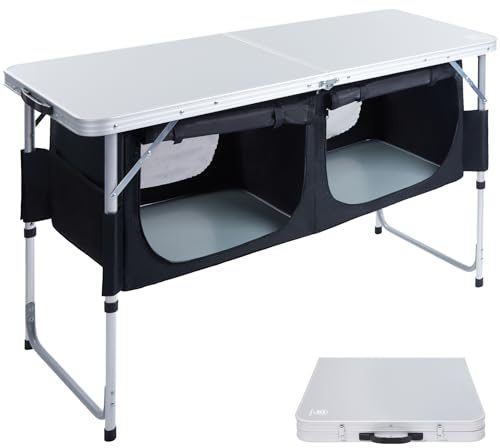 EVER ADVANCED Folding Camping Table with Storage, 4 ft * 2 ft Aluminum Composite Desktop & Adjustable Legs, Outdoor Kitchen Table for Tailgating, Backyard, BBQ and Picnic
