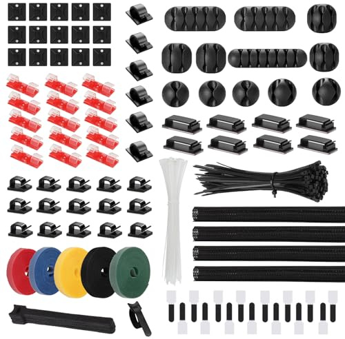 Wkmamo Kit de gestion de câbles, 310 pièces kit de gestion des cordons, supports de fermeture éclair, attaches de rangement de fils, manchons de câble, clips de câble, supports de câbles