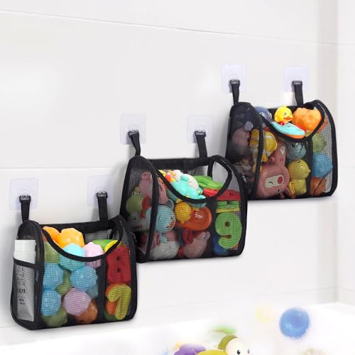 DOCMON Bath Toy Storage, Detachable Bath Toy Holder, Large Capacity 3 Compartments Bathtub Toy Storage with Built-in Compartments Side Pockets, Mesh Shower Caddy for Easy Access & Sorting Toys - Black
